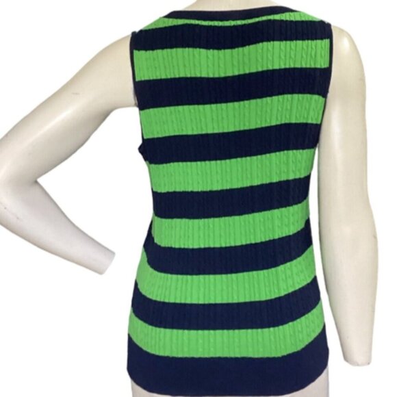 Talbots Cotton Cardigan Twinset Cable Knit Striped Sz PM Navy Blue & Green 91Q - Picture 8 of 10